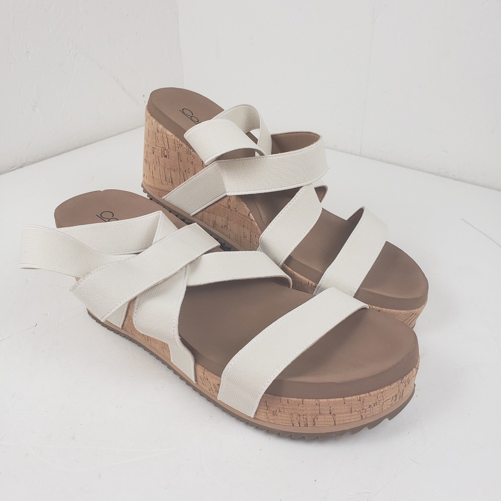 Corkys Footwear Cream Elastic Strap Cork Wedge Platform Sandals Women 11
